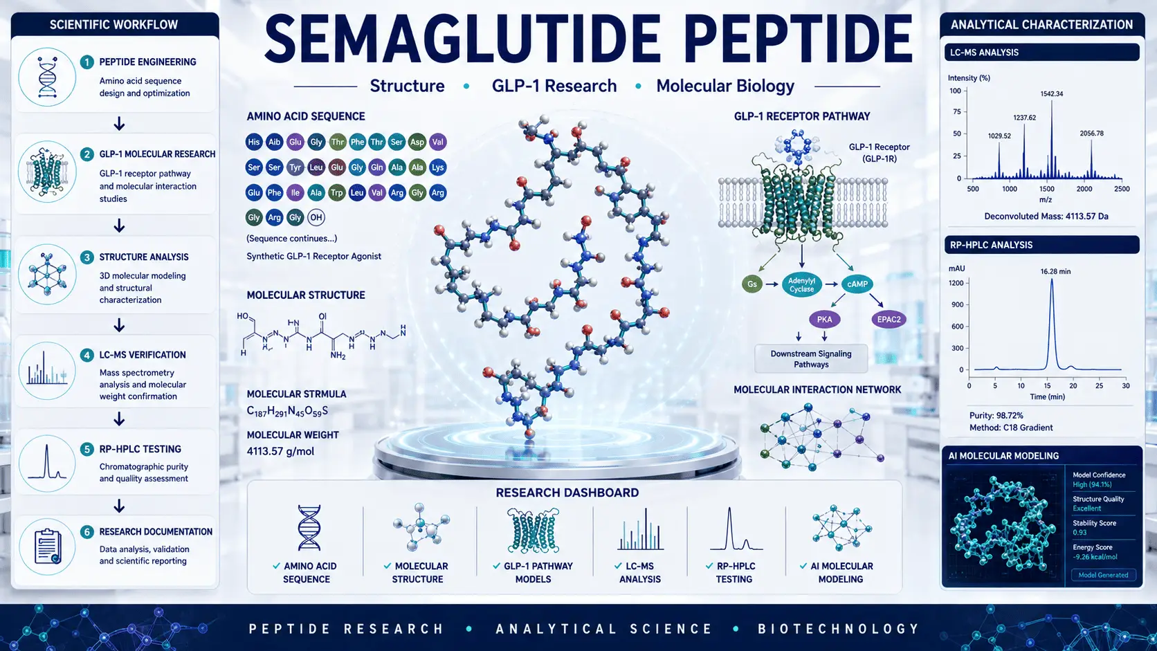 Semaglutide peptide research illustration used as GLP-1 comparator to tirzepatide